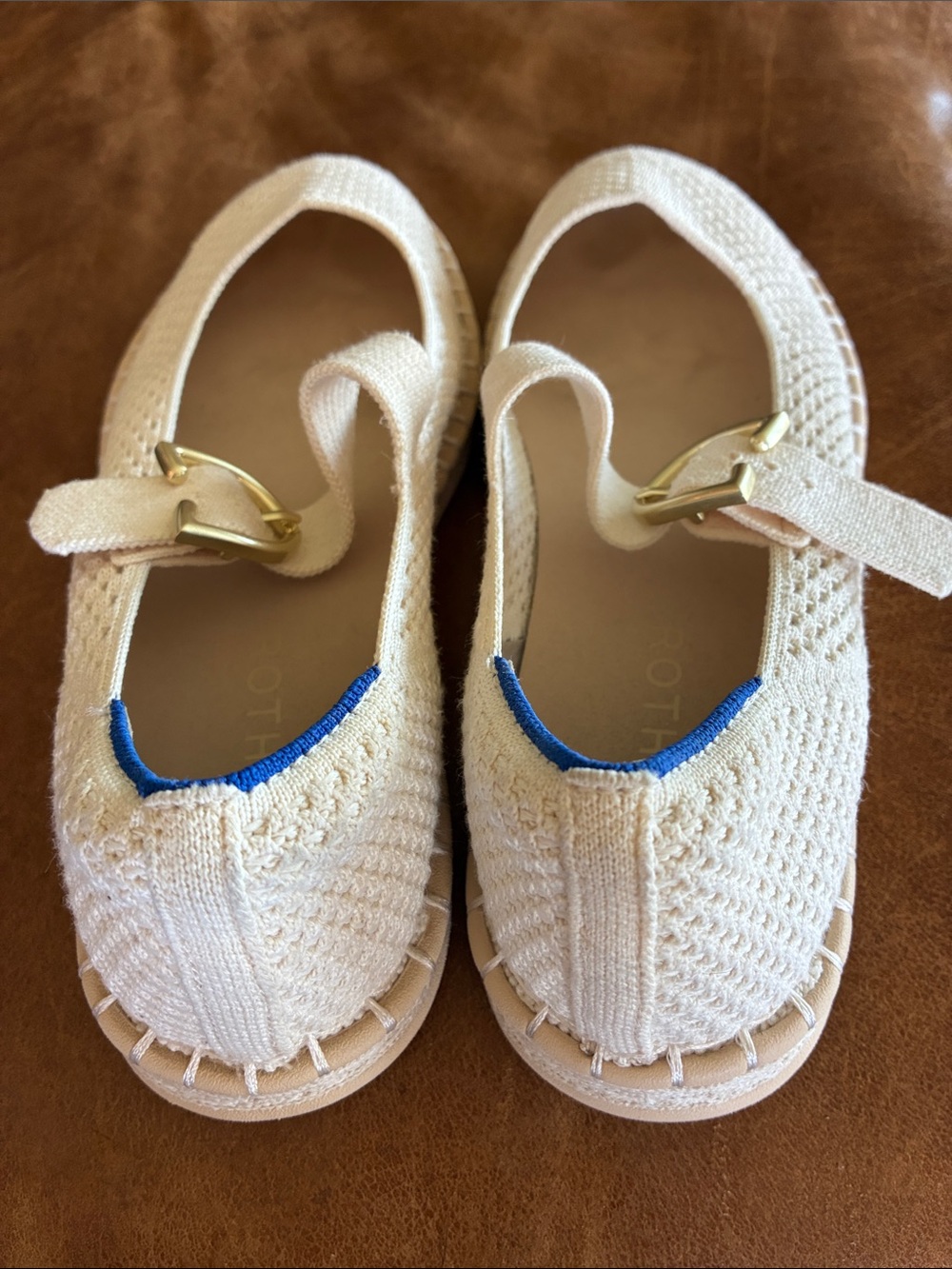 Rothy's Cream Knit Mary Jane Espadrille Flats with Gold Buckle - Picture 4 of 8